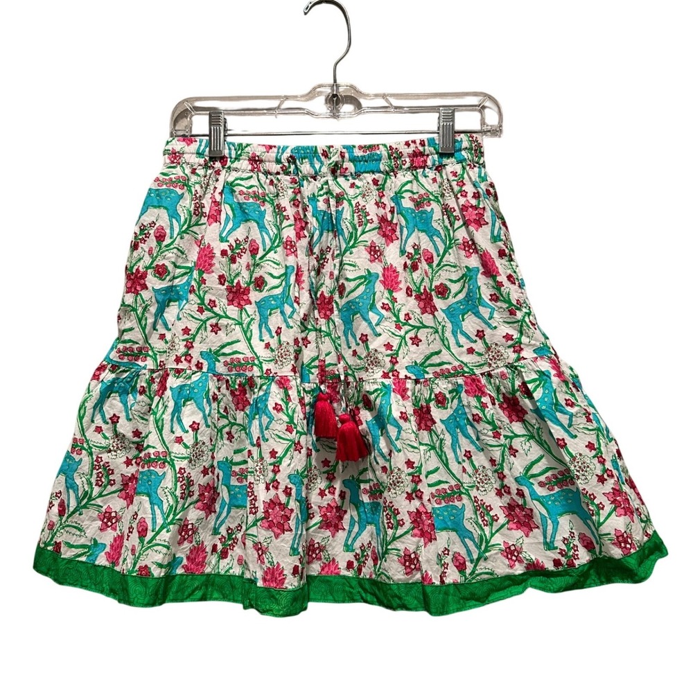La Plage Cotton Tiered Mini Skirt Tassel Drawstring Deer Floral Boho Size S